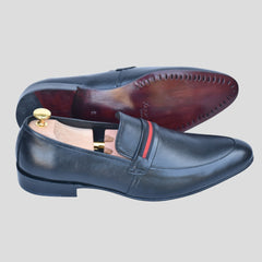 4002 - XeeGo Premium Leather Formal Loafers – Black with Red Stripe