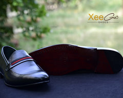 4002 - XeeGo Premium Leather Formal Loafers – Black with Red Stripe