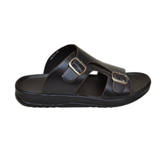 X 019 - Men’s Dual Buckle Faux Leather Slippers - Chocolate Brown