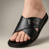 XeeGo X-111 | Pure Leather Cross-Strap Monogram Slide - Black