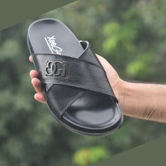 XeeGo X-111 | Pure Leather Cross-Strap Monogram Slide - Black