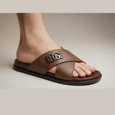 XeeGo X-111 | Pure Leather Cross-Strap Monogram Slide - Earth Brown