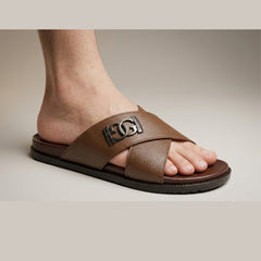 XeeGo X-111 | Pure Leather Cross-Strap Monogram Slide - Earth Brown