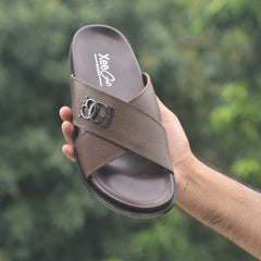 XeeGo X-111 | Pure Leather Cross-Strap Monogram Slide - Earth Brown