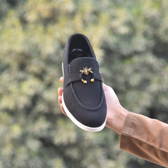 X-005: XeeGo Luxury Slip-On Suede Loafers with Gold Bee Emblem- Black