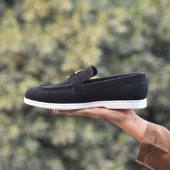 X-005: XeeGo Luxury Slip-On Suede Loafers with Gold Bee Emblem- Black