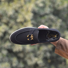 X-005: XeeGo Luxury Slip-On Suede Loafers with Gold Bee Emblem- Black