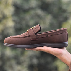 X-005: XeeGo Luxury Slip-On Suede Loafers with Gold Bee Emblem- Chocolate Brown