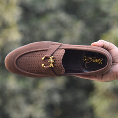 X-005: XeeGo Luxury Slip-On Suede Loafers with Gold Bee Emblem- Chocolate Brown