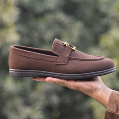 X-005: XeeGo Luxury Slip-On Suede Loafers with Gold Bee Emblem- Chocolate Brown