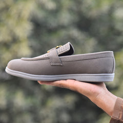 X-005: XeeGo Luxury Slip-On Suede Loafers with Gold Bee Emblem- Gray
