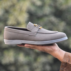X-005: XeeGo Luxury Slip-On Suede Loafers with Gold Bee Emblem- Gray