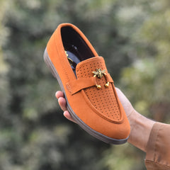 X-005: XeeGo Luxury Slip-On Suede Loafers with Gold Bee Emblem- Mustard