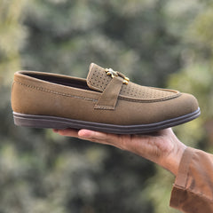 X-005: XeeGo Luxury Slip-On Suede Loafers with Gold Bee Emblem- Pista