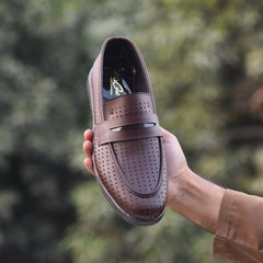 XeeGo X-022: Men's Perforated Slip-On Penny Loafer - Rich Brown
