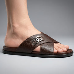 XeeGo X-111 | Pure Leather Cross-Strap Monogram Slide - Chocolate Brown