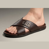 XeeGo X-111 | Pure Leather Cross-Strap Monogram Slide - Chocolate Brown