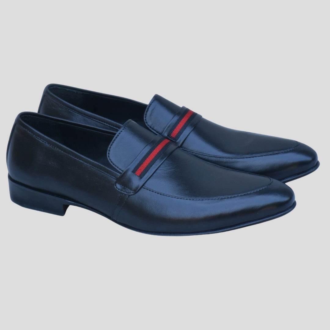 4002 - XeeGo Premium Leather Formal Loafers – Black with Red Stripe