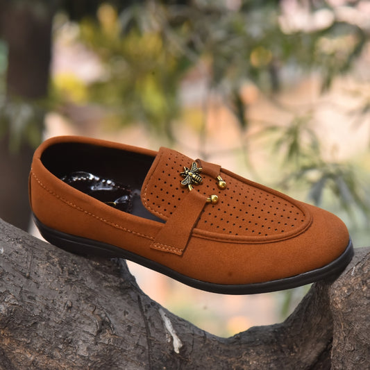 X-005: XeeGo Luxury Slip-On Suede Loafers with Gold Bee Emblem- Mustard