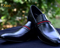 4002 - XeeGo Premium Leather Formal Loafers – Black with Red Stripe