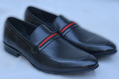 4002 - XeeGo Premium Leather Formal Loafers – Black with Red Stripe