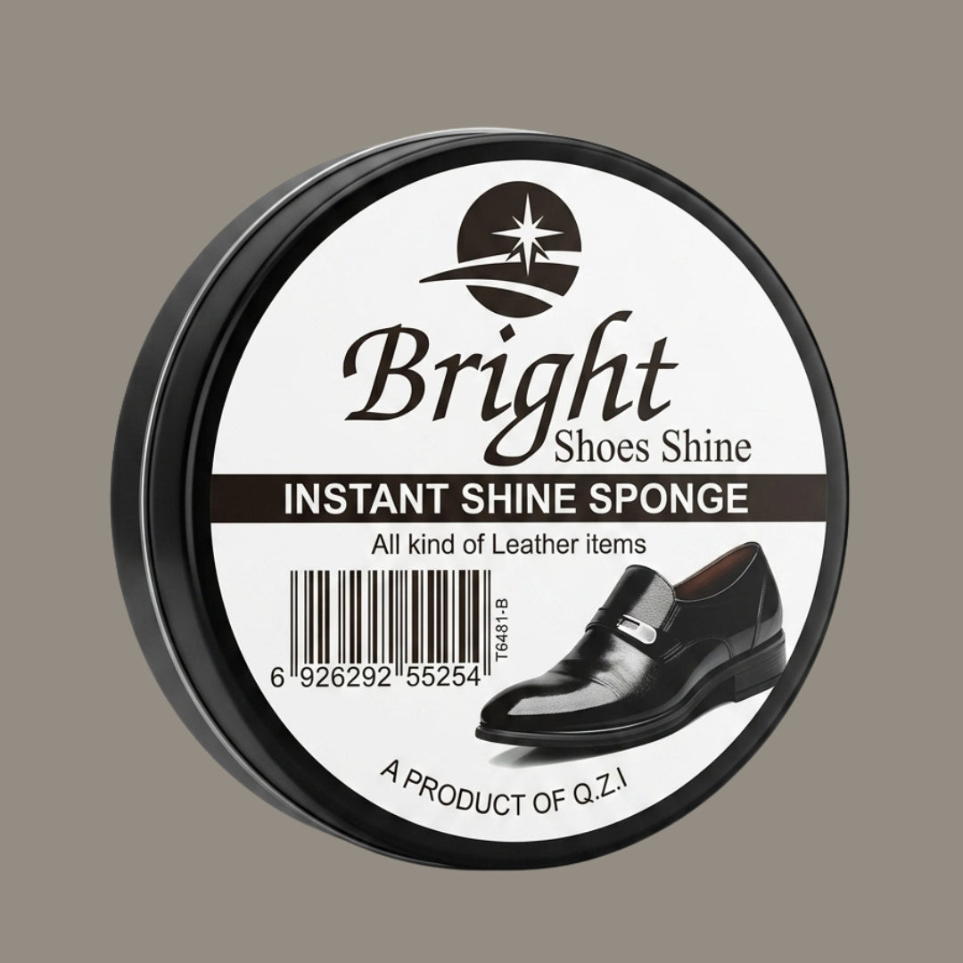 Round container of Bright Shoes Shine Instant Shine Sponge on a beige background
