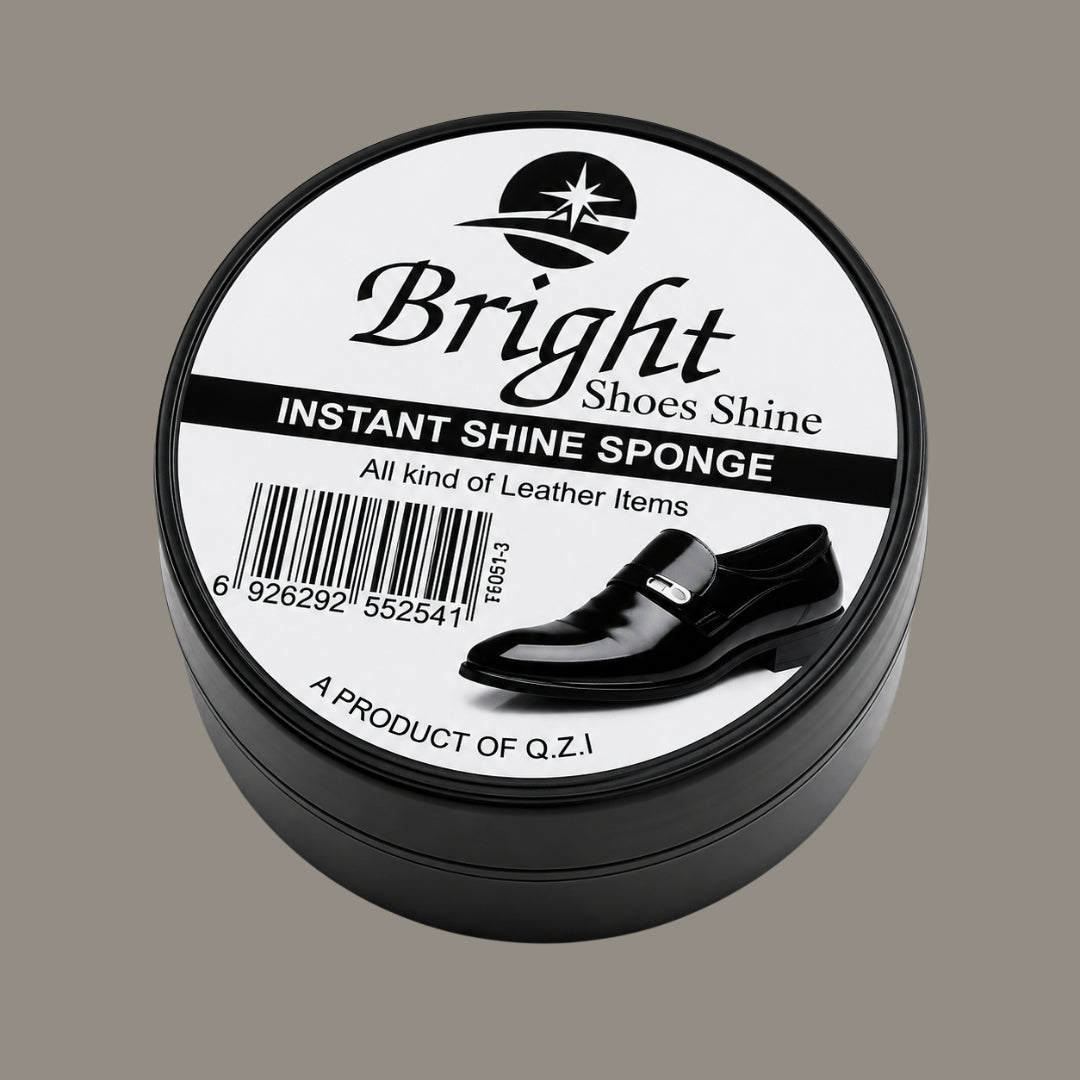 Black container of Bright Shoes Shine Instant Shine Sponge on a beige background