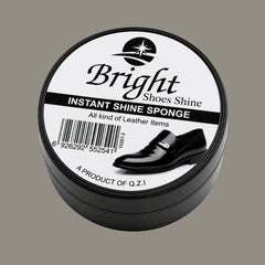 Black container of Bright Shoes Shine Instant Shine Sponge on a beige background