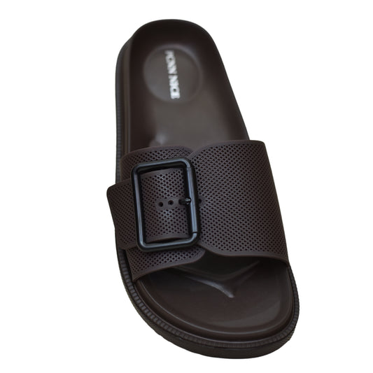 X 015- Single Buckle Casual Comfort Slides - Dark Brown