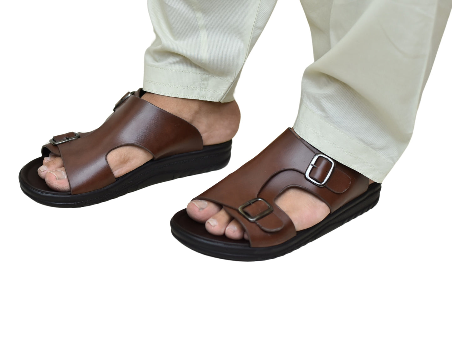 X 019 - Men’s Dual Buckle Faux Leather Slippers - Mustard Brown