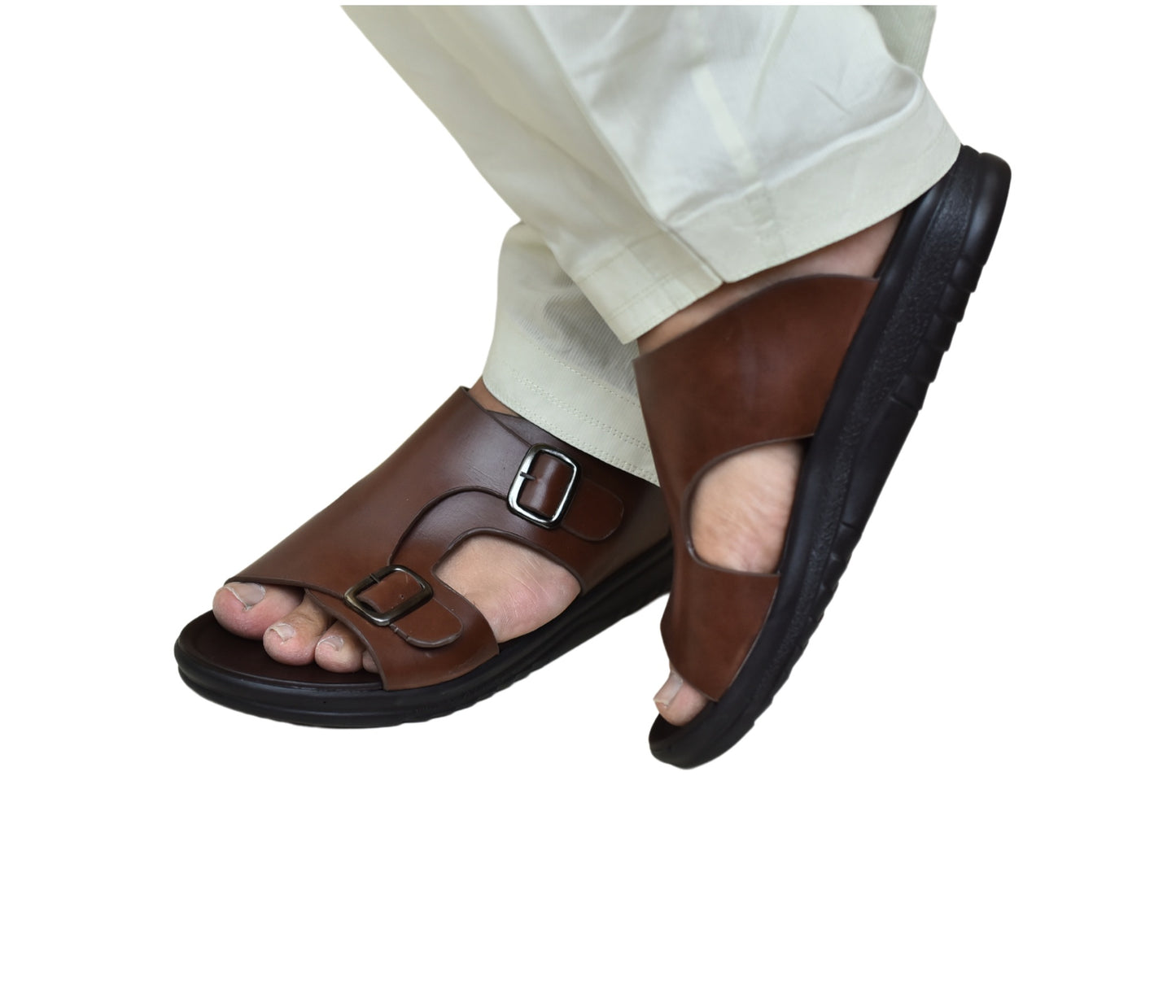 X 019 - Men’s Dual Buckle Faux Leather Slippers - Mustard Brown