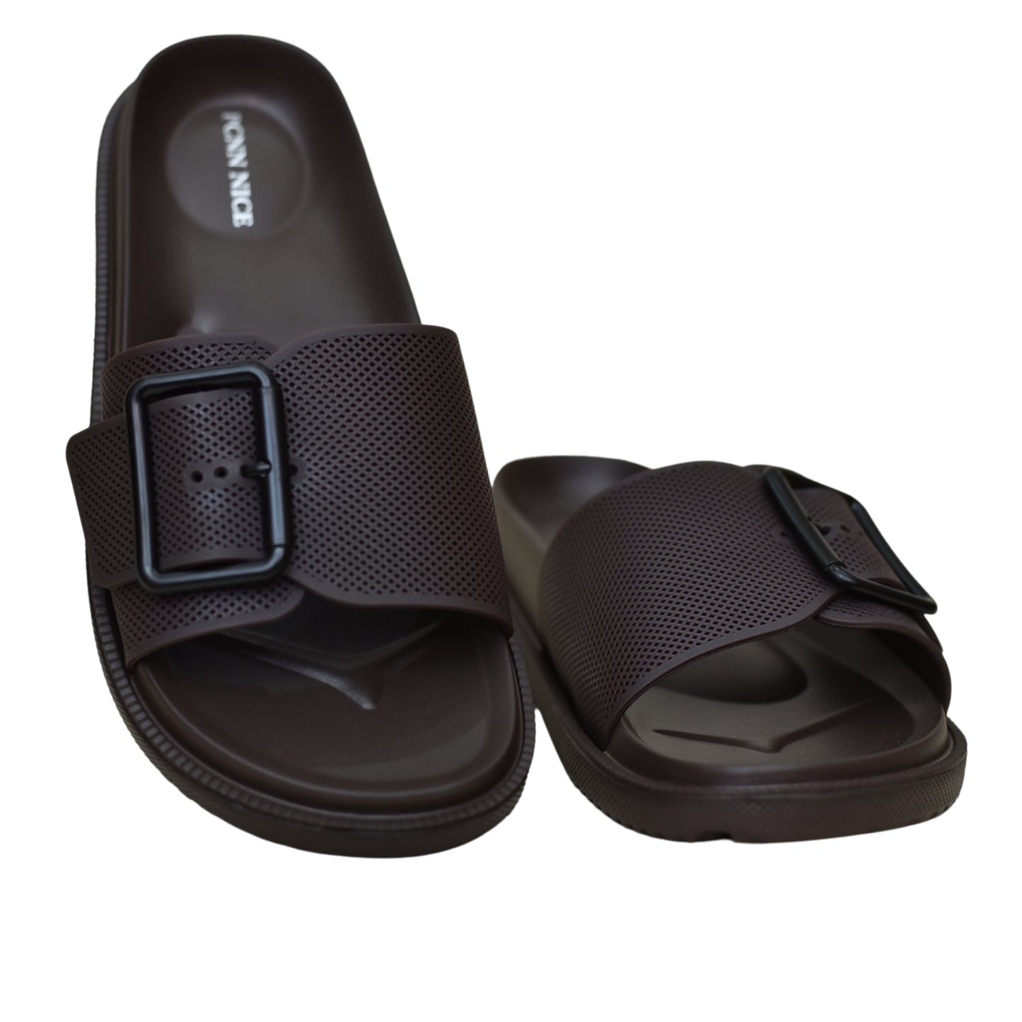 X 015- Single Buckle Casual Comfort Slides - Dark Brown