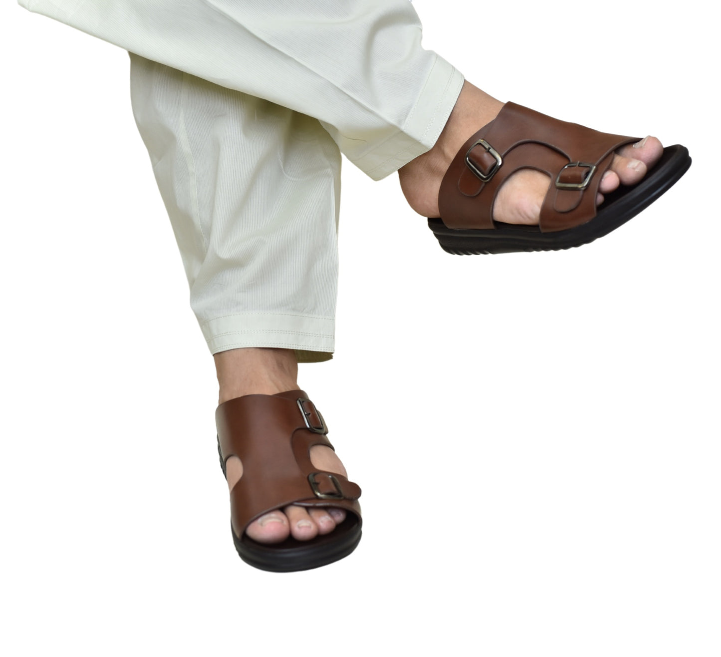 X 019 - Men’s Dual Buckle Faux Leather Slippers - Mustard Brown