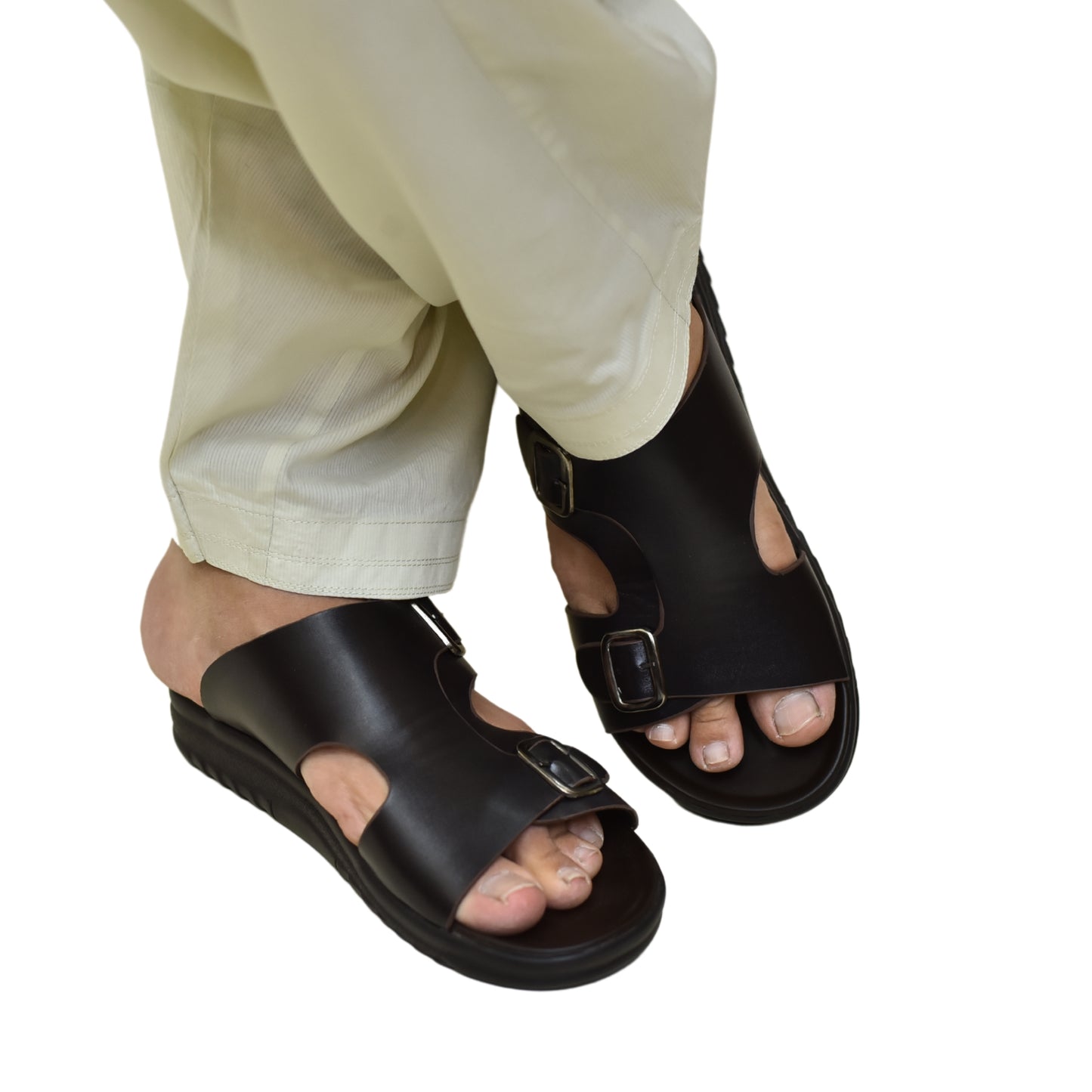 X 019 - Men’s Dual Buckle Faux Leather Slippers - Chocolate Brown