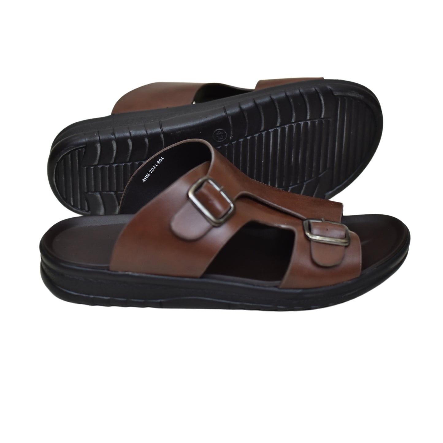 X 019 - Men’s Dual Buckle Faux Leather Slippers - Mustard Brown