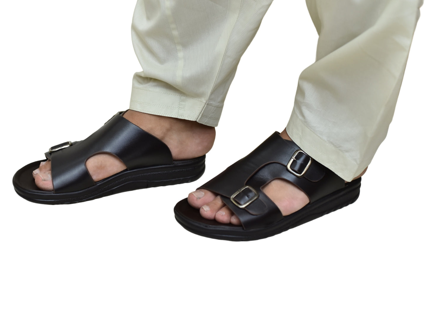 X 019 - Men’s Dual Buckle Faux Leather Slippers - Chocolate Brown