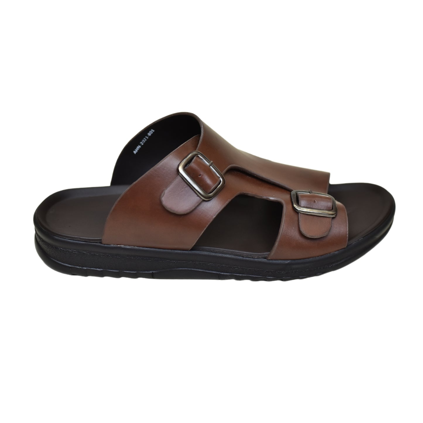 X 019 - Men’s Dual Buckle Faux Leather Slippers - Mustard Brown