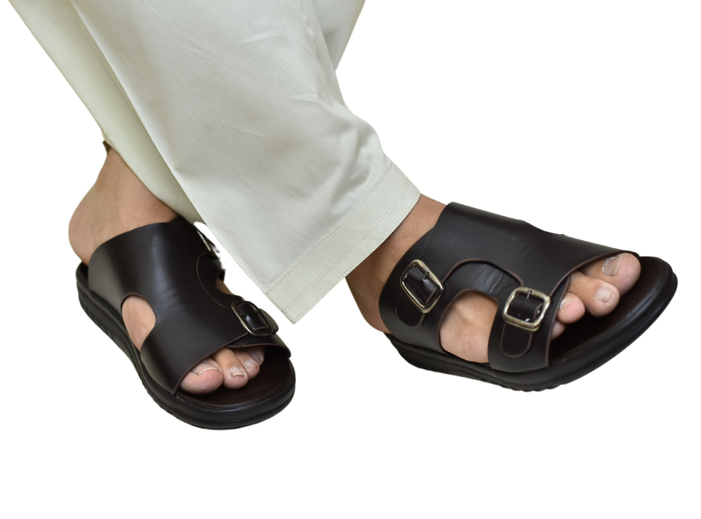 X 019 - Men’s Dual Buckle Faux Leather Slippers - Chocolate Brown