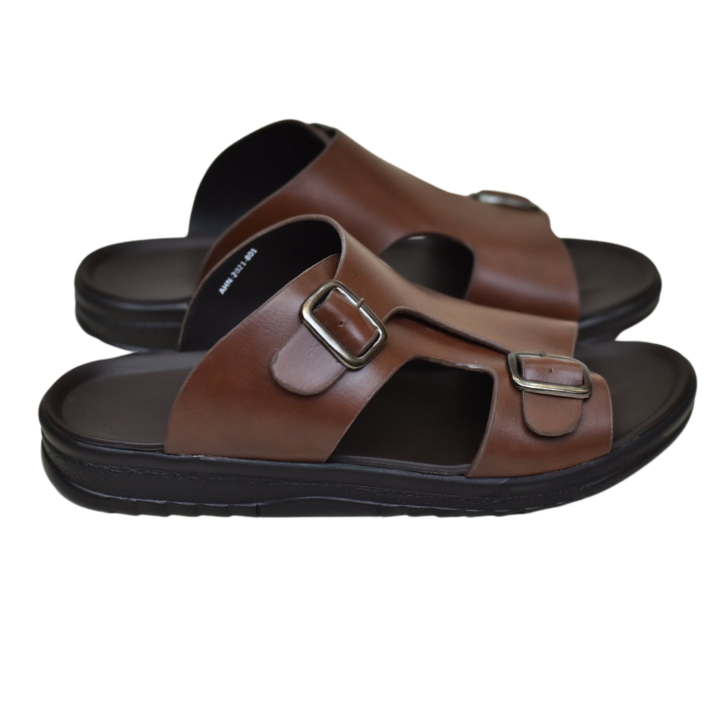 X 019 - Men’s Dual Buckle Faux Leather Slippers - Mustard Brown