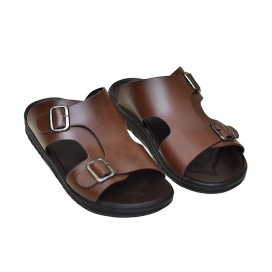 X 019 - Men’s Dual Buckle Faux Leather Slippers - Mustard Brown