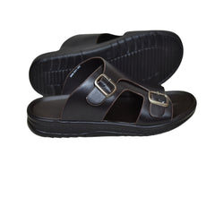 X 019 - Men’s Dual Buckle Faux Leather Slippers - Chocolate Brown