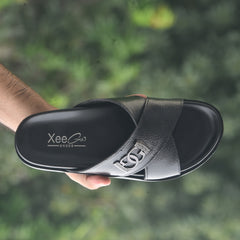 XeeGo X-111 | Pure Leather Cross-Strap Monogram Slide - Black