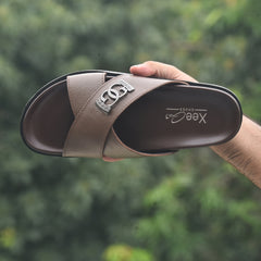 XeeGo X-111 | Pure Leather Cross-Strap Monogram Slide - Earth Brown