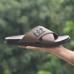 XeeGo X-111 | Pure Leather Cross-Strap Monogram Slide - Earth Brown