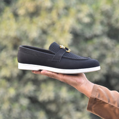 X-005: XeeGo Luxury Slip-On Suede Loafers with Gold Bee Emblem- Black