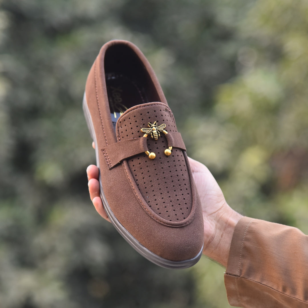 X-005: XeeGo Luxury Slip-On Suede Loafers with Gold Bee Emblem- Chocolate Brown