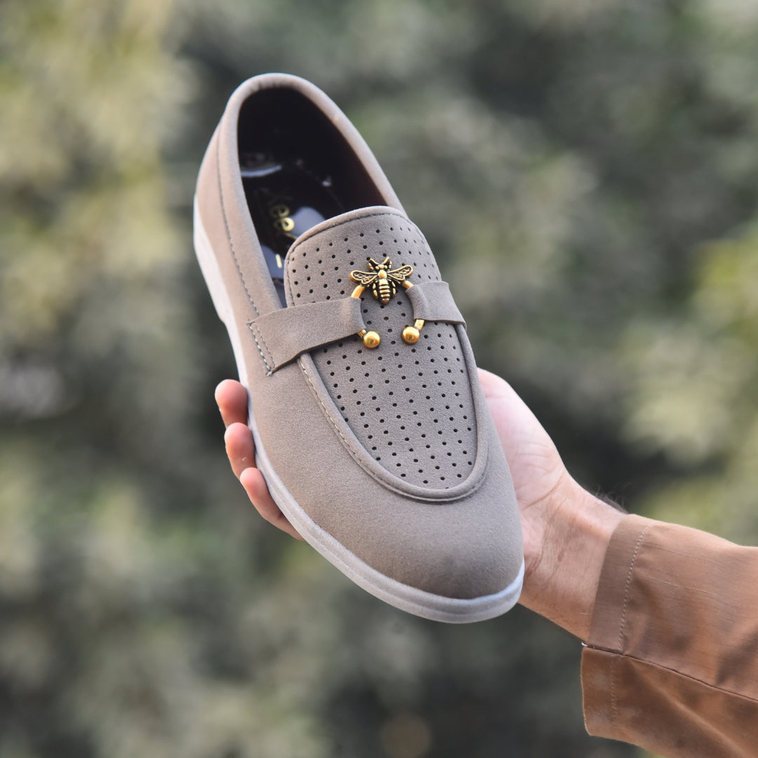X-005: XeeGo Luxury Slip-On Suede Loafers with Gold Bee Emblem- Gray