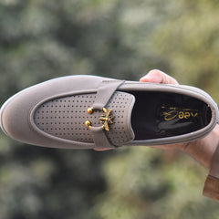 X-005: XeeGo Luxury Slip-On Suede Loafers with Gold Bee Emblem- Gray