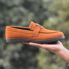 X-005: XeeGo Luxury Slip-On Suede Loafers with Gold Bee Emblem- Mustard