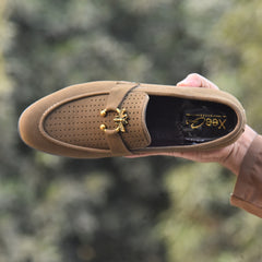 X-005: XeeGo Luxury Slip-On Suede Loafers with Gold Bee Emblem- Pista